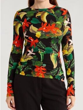 Alice + Olivia Black Tropical Floral Long Sleeve Blouse (M8/10) R $275